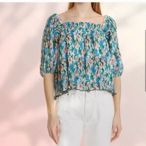 GANNI Floral Print Plissé Smocked Georgette Top In Floral